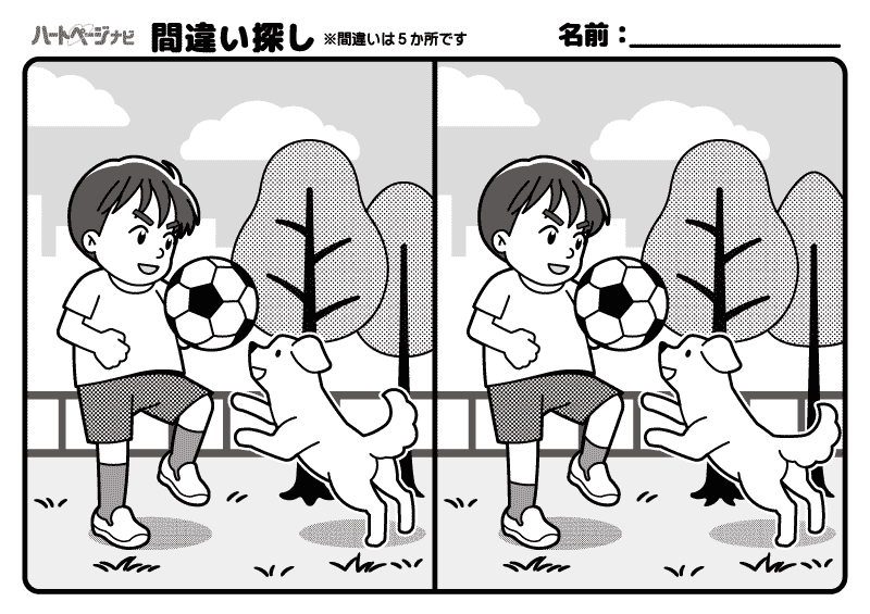 高齢者の間違い探し（難しい）／犬と公園でサッカー